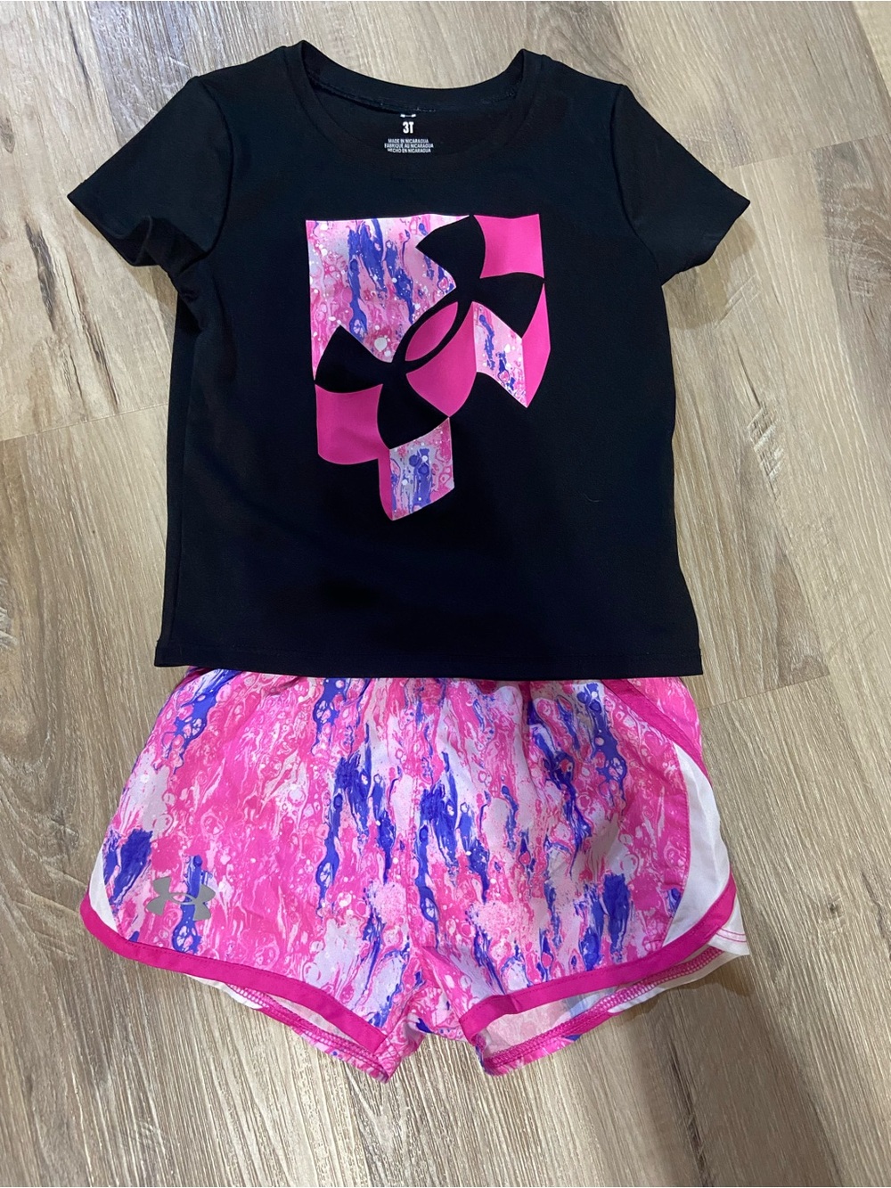 Under Armour Black Tee with Pink Marble Logo & Pink Marble Shorts